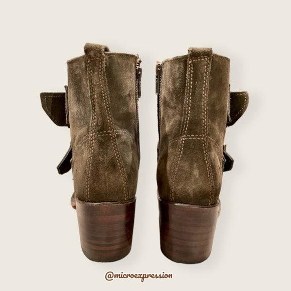 $399 Frye Sabrina Double Buckle Academia Green Suede Leather Moto Ankle Booties - Picture 11 of 15